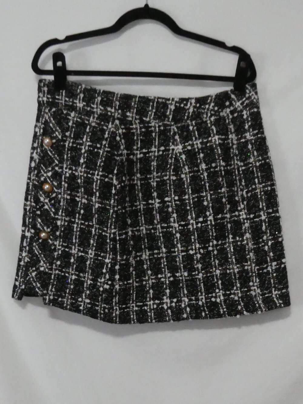SHEIN Black and White Plaid Tweed Mini Skirt Pearl Button Detail - Size 12